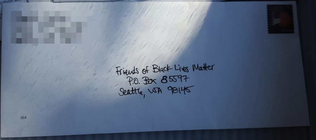 An envelope from a recent UW sociological experiment, which alternately addresses envelopes to the American Neo-Nazi Party and Black Lives Matter movement. 
