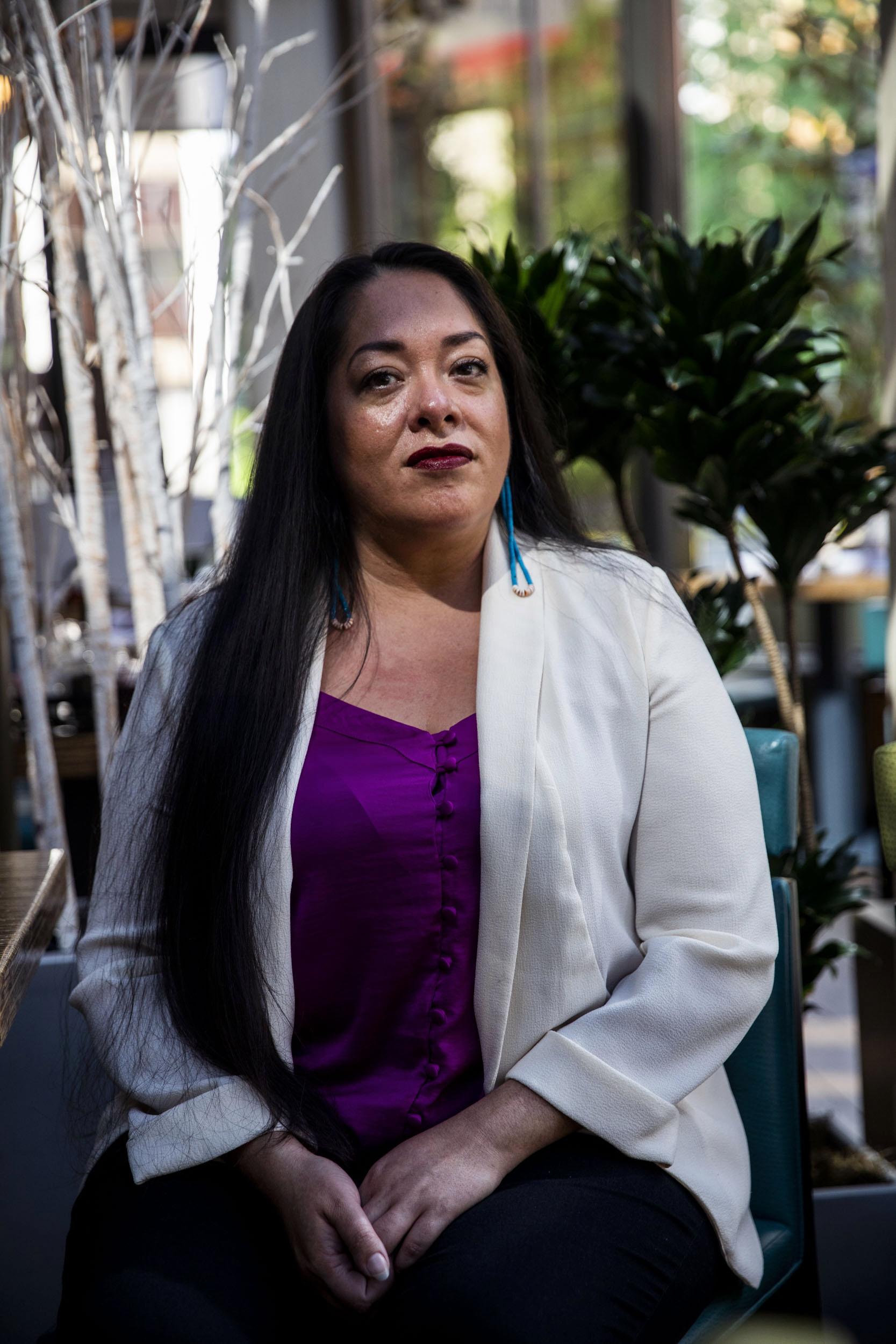 Abigail Echo-Hawk at the Westin in Seattle on May 29, 2019. Echo-Hawk is the chief research officer for the Seattle Indian Health Board and the director of the Urban Indian Health Institute. (Photo by Dorothy Edwards/Crosscut)