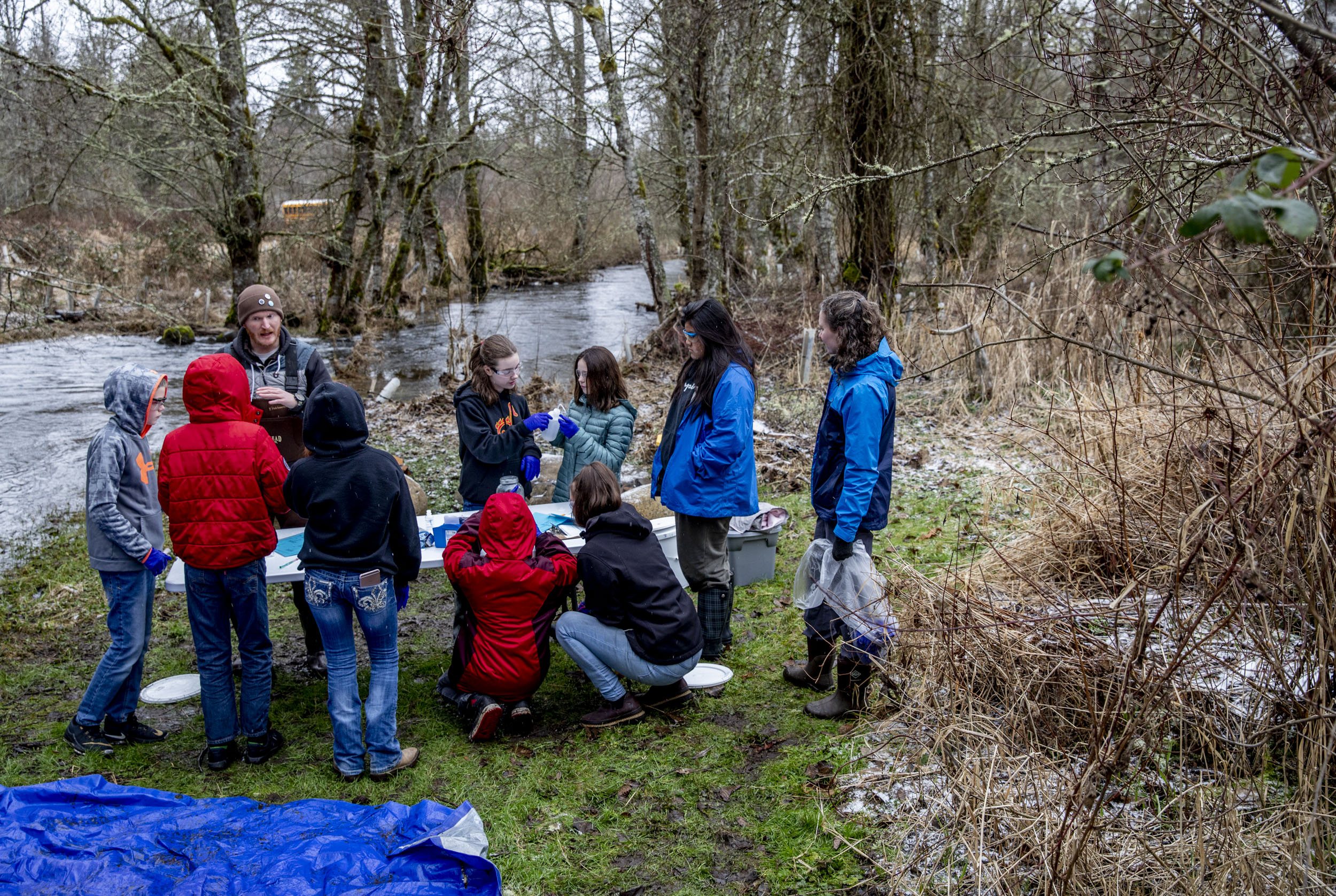 Members of Cougar Mountain Middle School's Science Squad test the water quality of Muck Creek.