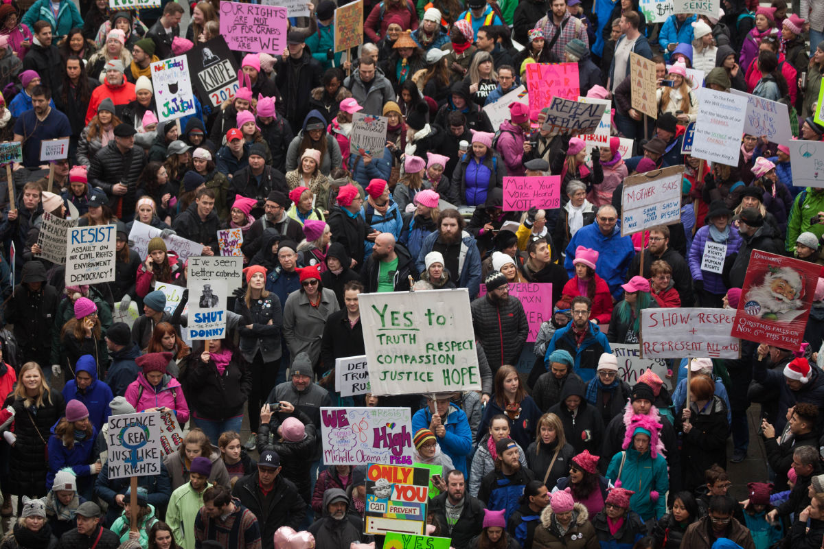 An overhead view of the large crowd that gathered during the Seattle Women’s March 2.0 in Seattle, Jan. 20, 2018.