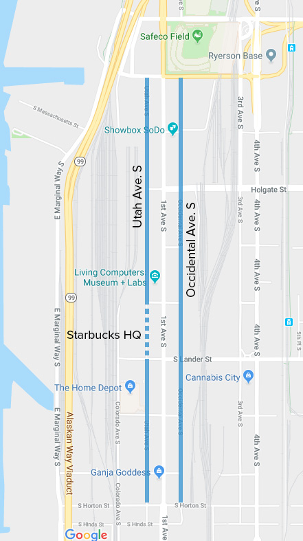 Amended Google map of SODO highlighting Utah and Occidental avenues