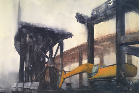 watercolor painting of the viaduct demolition