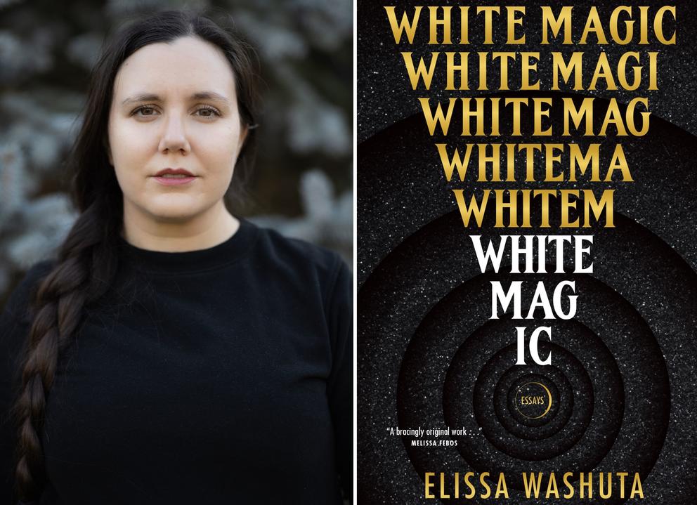 On the left: a person with long, dark braided hair looking into the camera, on the right a black book cover with "white magic" written over and over again in yellow and white