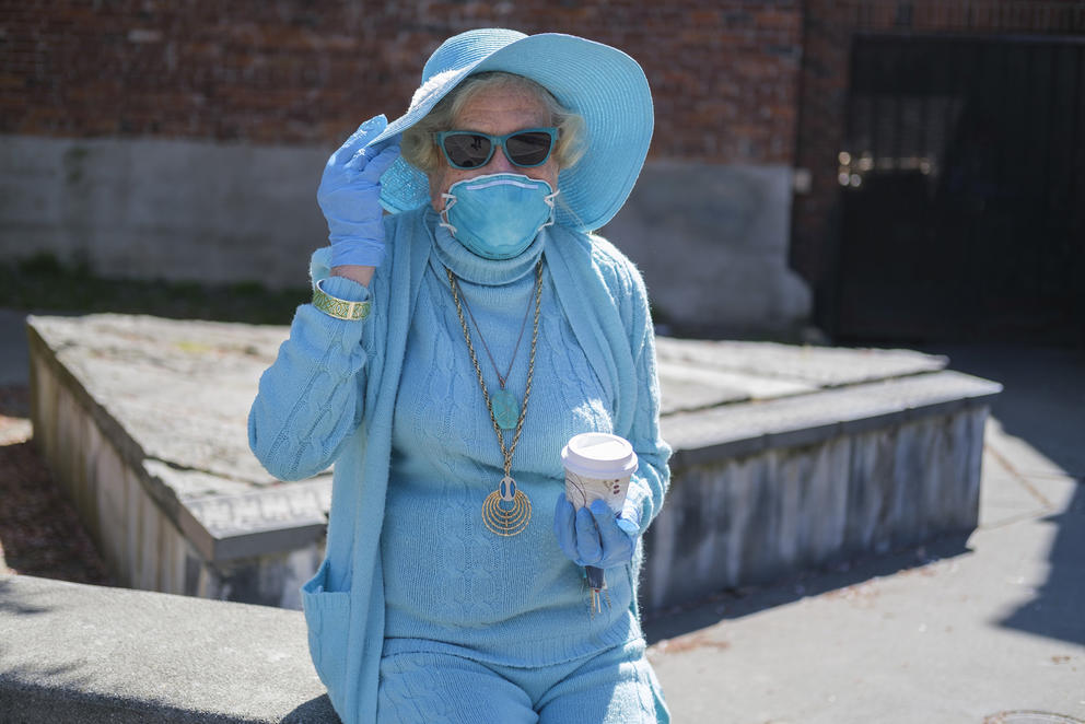 Eileen, 88, in blue hat, matching face mask, gloves and outfit