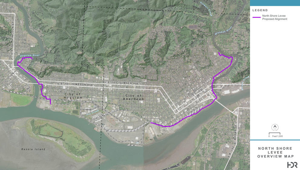 An overhead map shows the proposed location of a levee along the Aberdeen waterfront.