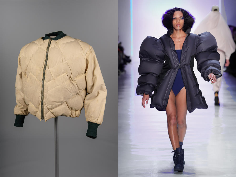Left: Earliest known surviving Skyliner down jacket by Eddie Bauer, 1936. (Photo courtesy of MOHAI Collection) Right: Chromat’s Gray and black ripstop inflatable parka, 2017. (Courtesy of Barrett Barrera Projects & RKL Consulting via MoPOP; photo by Getty Images)