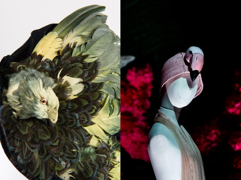 Left: Evening bonnets made from real birds (including heads) were all the rage in the late 19th century (and sparked the first federal wildlife protection law). This one (1888) was owned by Mrs. Edwin Bowden, who had it shipped from NYC by train to wear to a performance at Seattle’s Frye Opera House. (Photo courtesy of MOHAI Collection) Right: Flamingo hat by Charlie Le Mindu, 2011. (Photo at MoPOP by Dorothy Edwards/Crosscut)