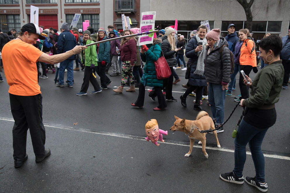 A dog growls at a toy baby covered with a Donald Trump mask, dangled on a string by a protester, during the Seattle Women’s March 2.0 in Seattle, Jan. 20, 2018.