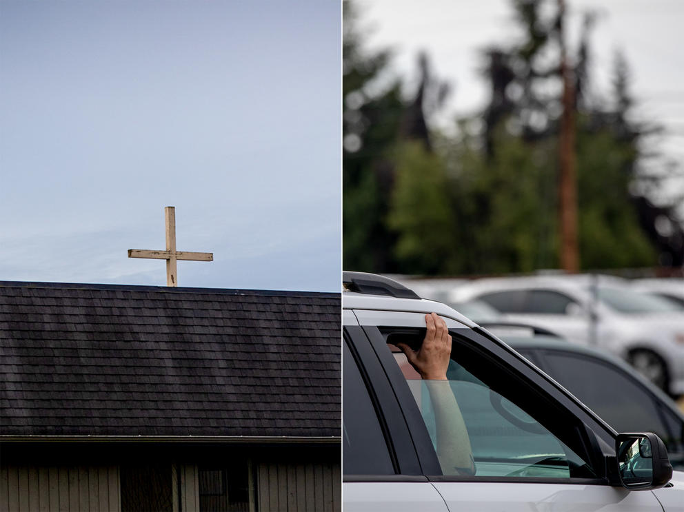 A cross and an arm outside of a car window