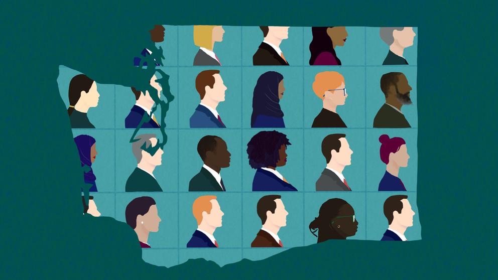 illustration of Washington state with diverse profiles of faces overlayed