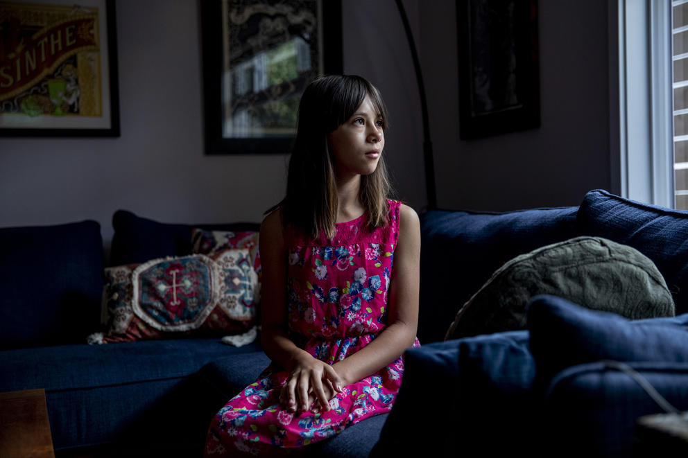 Eveline Ishisaka, 10, in her Greenwood home on Aug. 15, 2019. In March, Ishisaka was dress-coded for wearing the dress pictured. (Photo by Dorothy Edwards/Crosscut)