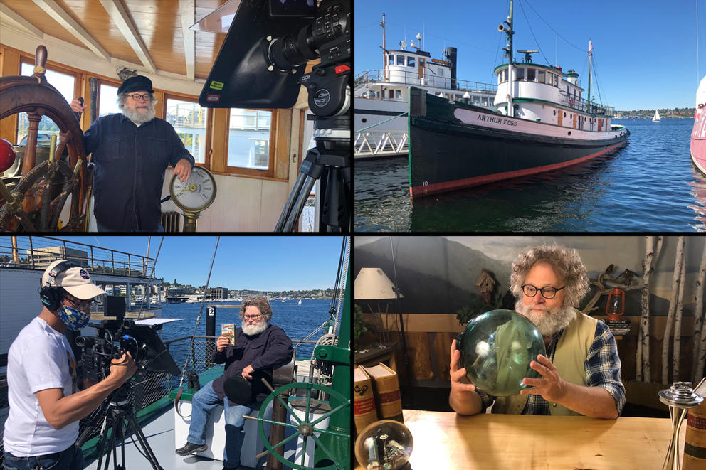 Four photos of Knute Berger and the Mossback's Northwest crew on boats and in a studio set