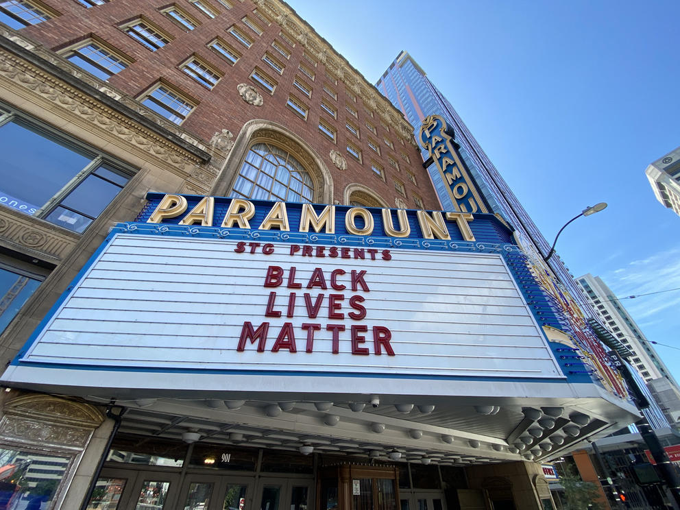 theater marquee reading black lives matter