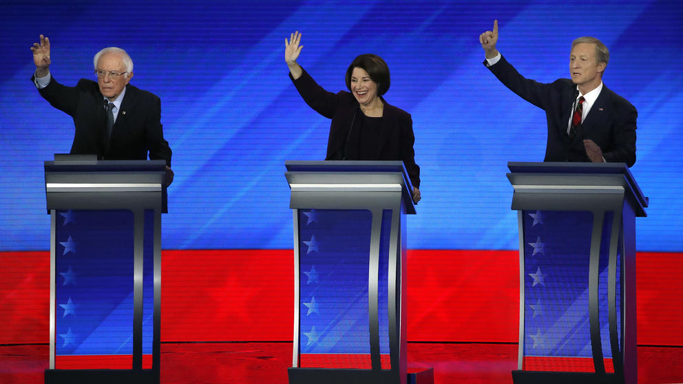 Bernie Sanders, Amy Klobuchar and Tom Steyer at a Democratic debate