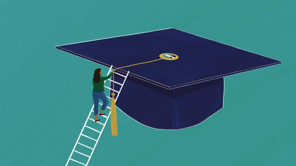 an illustration of a woman climbing a ladder to the top of a graduation cap