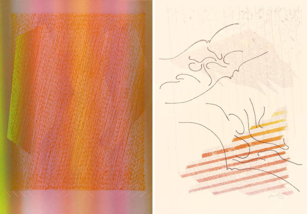 Side-by-side of orange collagraph, featuring green and yellow tints (left) and a print on beige paper with colorful stripes (right)