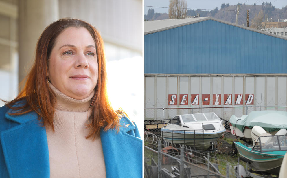 Left: a close up portrait of CEO of Greater Grays Harbor Lynnette Buffington. Right: A business with a sign reading Sea Land and boats