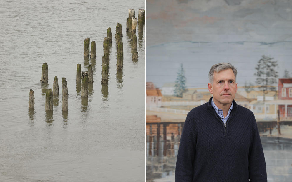Left: Pilings mark the water level height in the Hoquiam River. Right: Hoquiam City Administrator Brian Shay.
