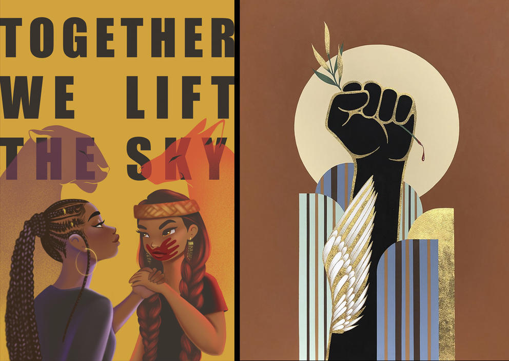 two posters, one says Together We Lift the Sky, other is a black power fist