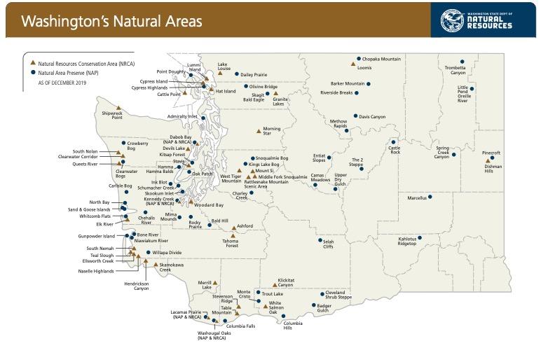 a map showing locations of Natural Areas in Washington state
