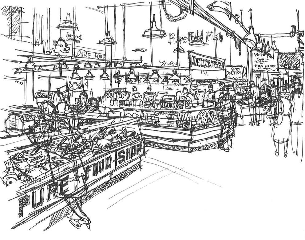 Sketch in pencil of food stands
