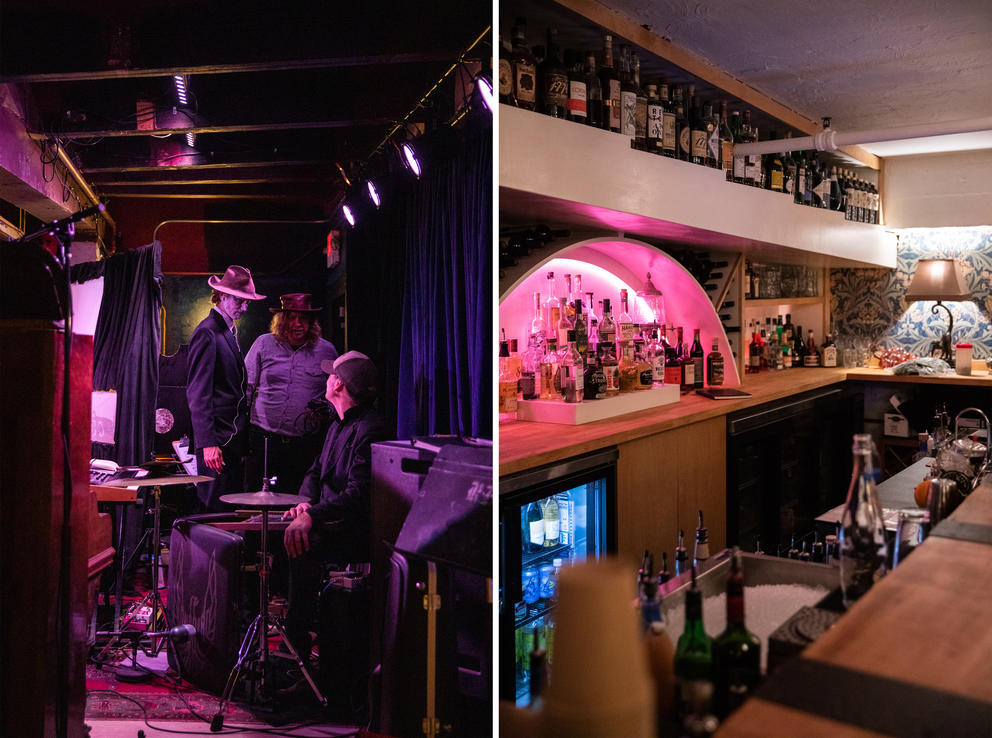 Side by side shot of performers and an empty bar