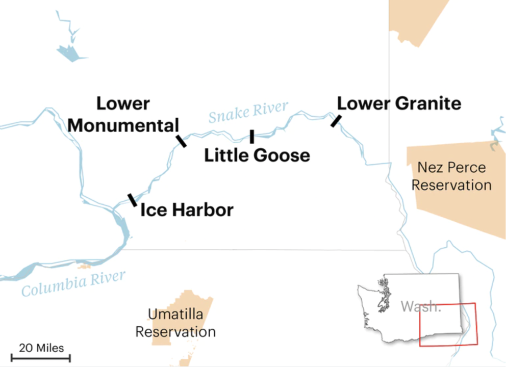 Map of southeastern Washington showing dams along the Columbia River and Snake River. From West to East: Ice Harbor, Lower Monumental, Little Goose, and Lower Granite dams.