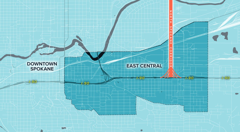 A blue map shows the East Central neighborhood east of downtown Spokane with Interstate 90 and the future north-south freeway cutting through.