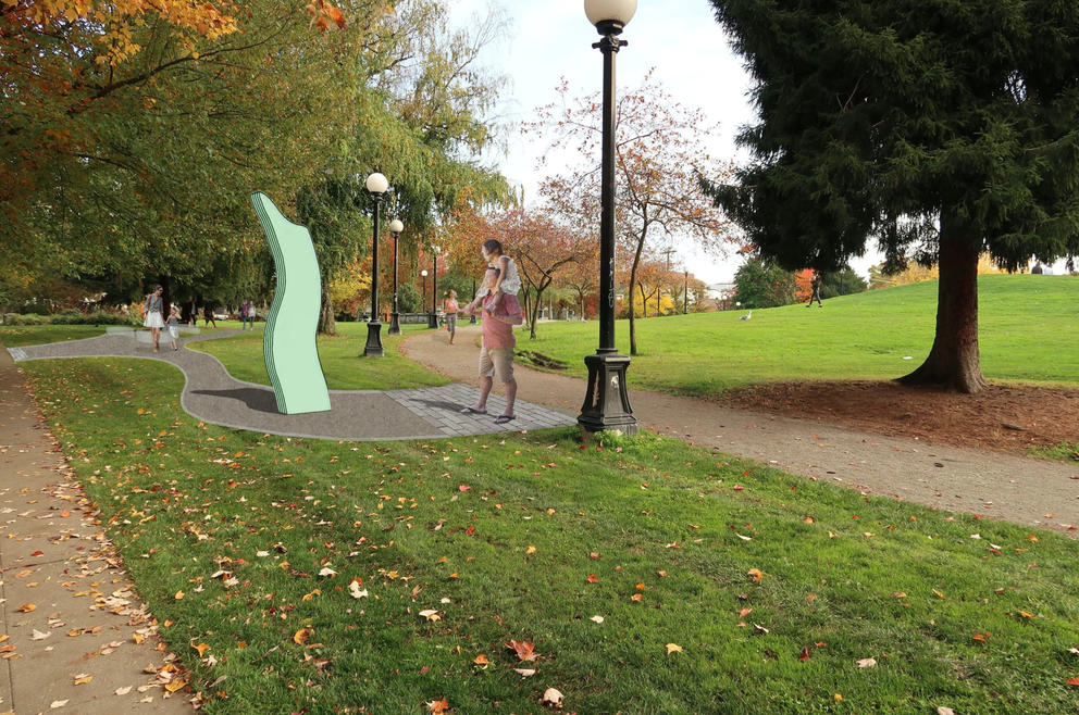 Photo of a park overlaid with a rendering of a green sculpture, a wavy shape standing upright made out of layers of glass, next to a lamp post