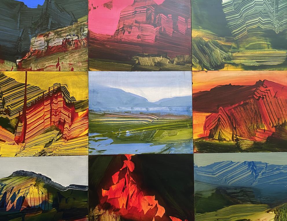 a grid of nine colorful abstract landscape paintings