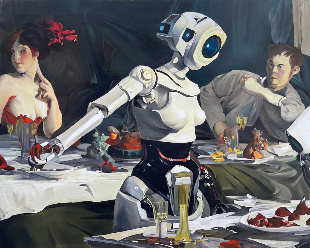 A robot and human figures feast at an elaborate dining table
