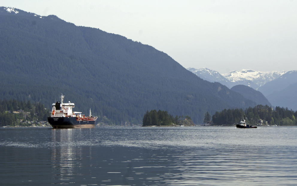 A view of an oil tanker stalled in the Pacific waters outside Vancouver, Canada