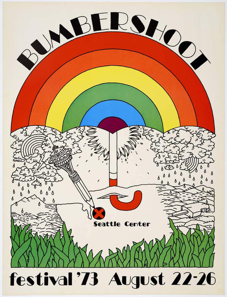 a vintage poster reading Bumbershoot 1976 with a rainbow an a Space Needle