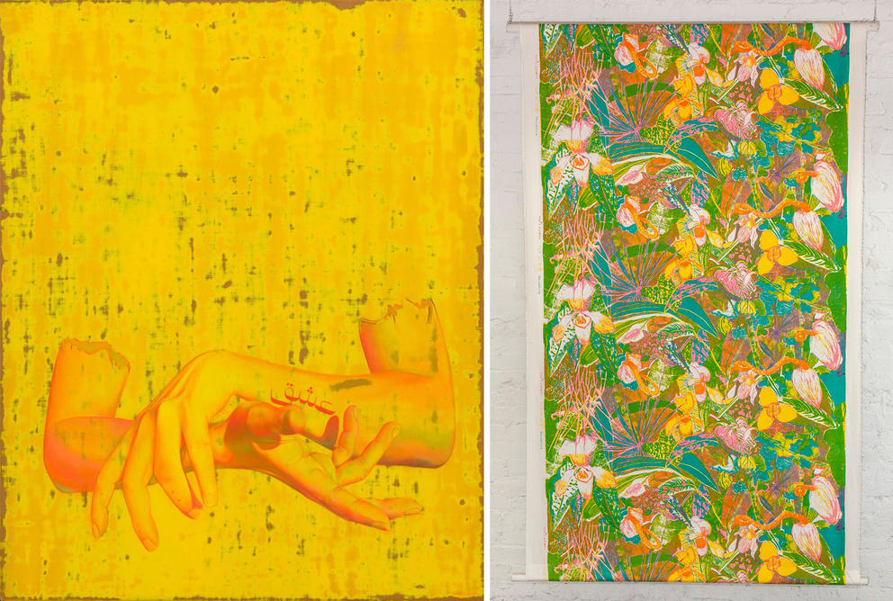 two images, side by side, one of a yellow painting of delicate hands, the other a long floral tapestry
