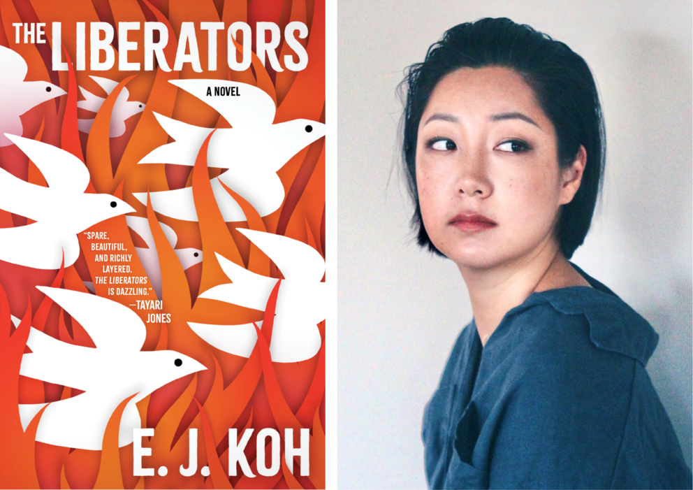 a side by side image of a book cover with white birds on it and the title The Liberators, and a headshot of a woman with dark hair in a blue sweater
