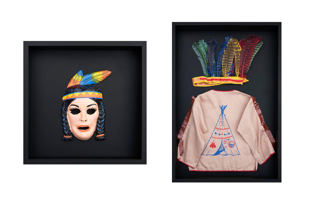 two side by side photographs of stereotypical "native american" costumes