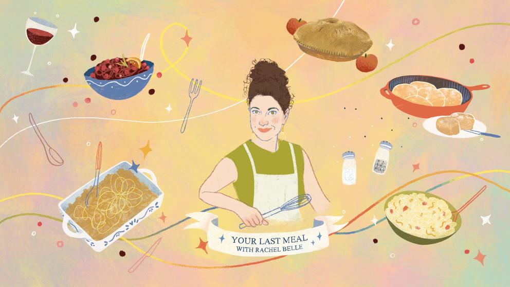 Thanksgiving Audio Potluck - illustration of host Rachel Belle and Thanksgiving side dishes