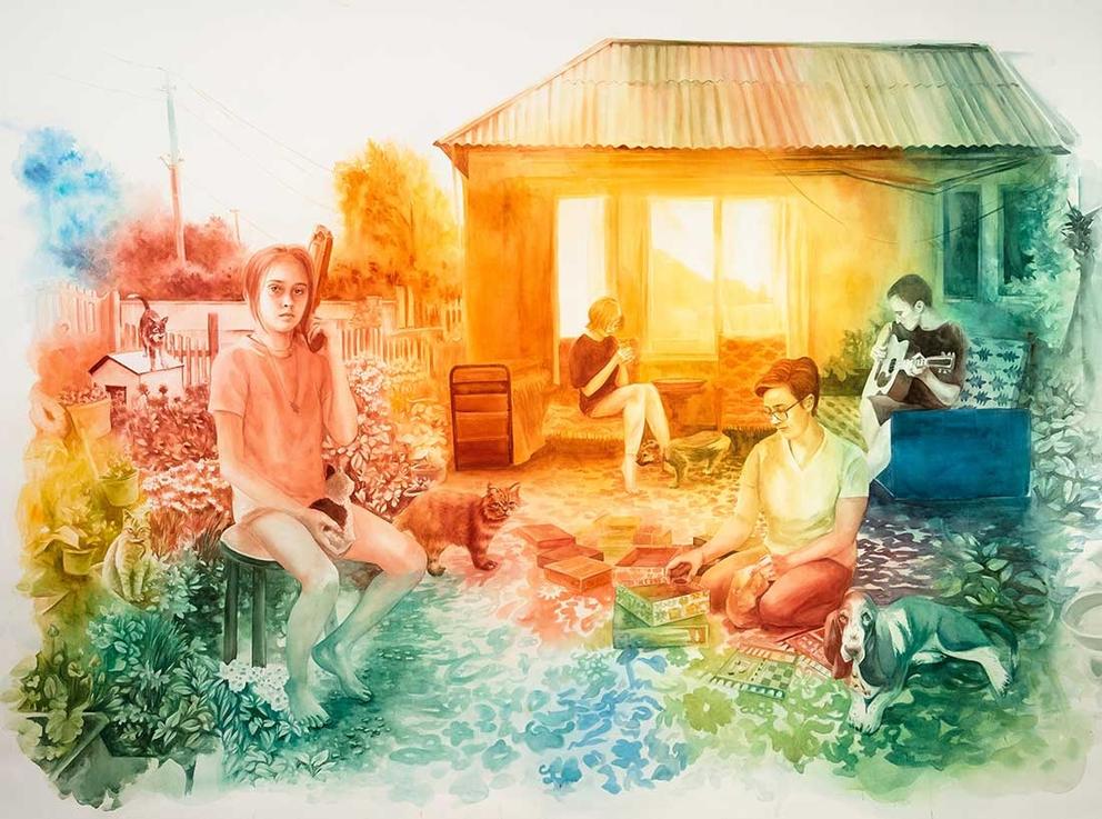 a painting of a house with people around it washed in rainbow hues