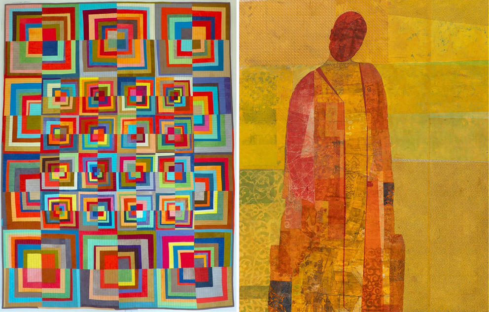 two images side by side, at left a multicolored quilt, at right a yellow toned collage with silhouette