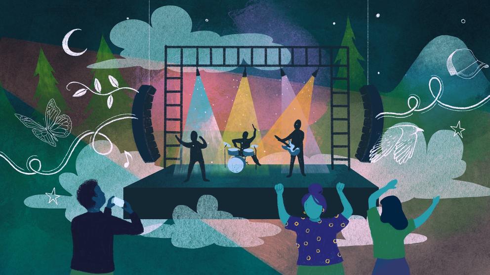 a colorful illustration of an outdoor music concert