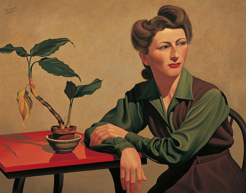 a painting of a 1940s woman sitting at a red table with a plant on it