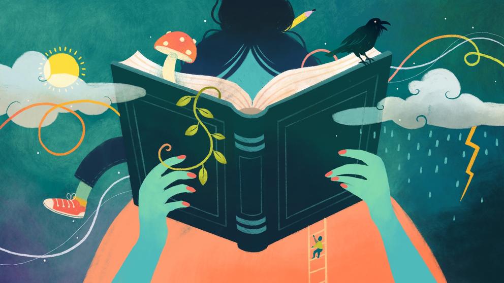colorful illustration of a woman reading a book