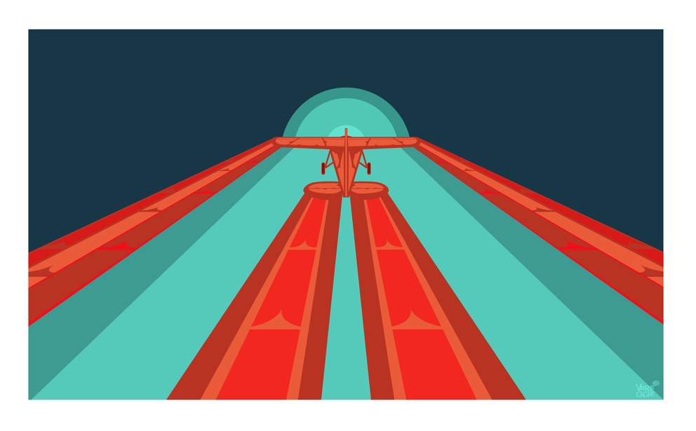 a stylized graphic image of a biplane flying toward the horizon in red, turquoise and dark blue