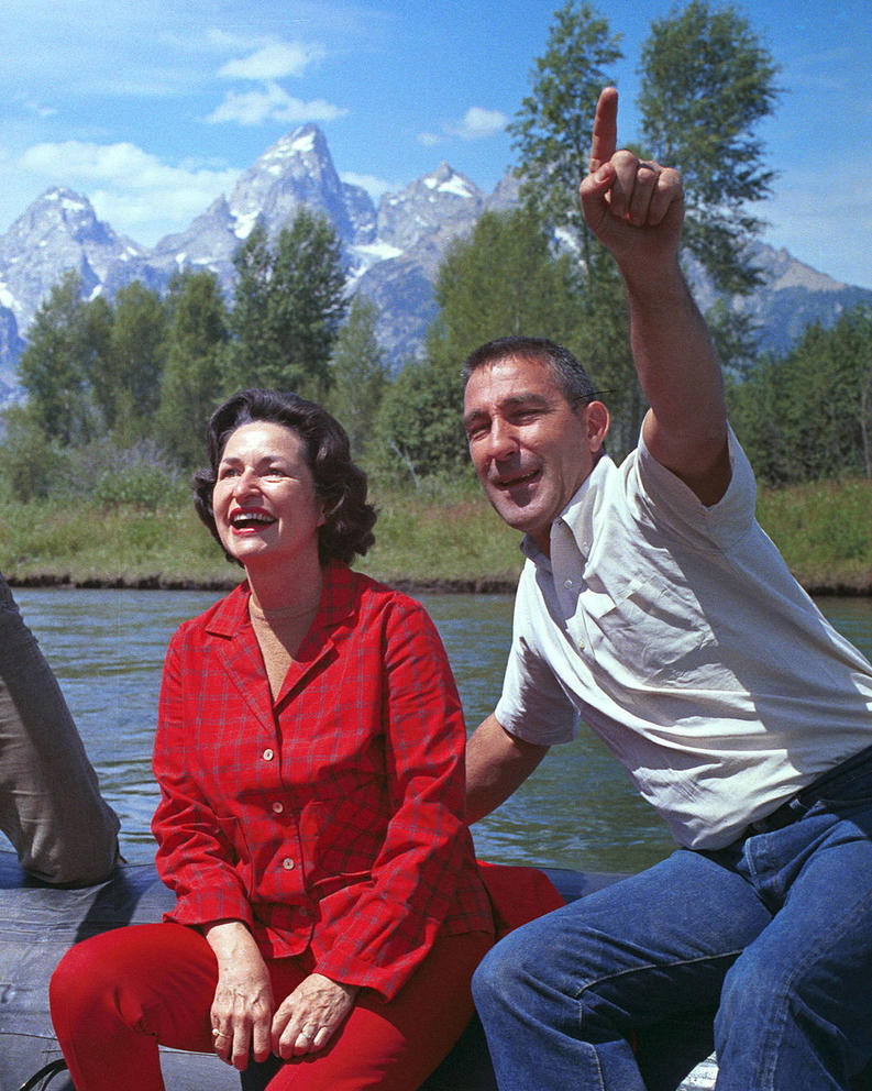 Secretary of the Interior Stewart Udall with First Lady, Lady Bird Johnson on a raft in Grand Teton National Park