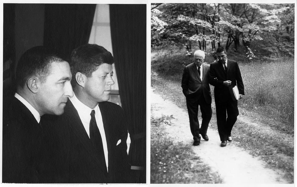 Left: Secretary of the Interior Stewart Lee Udall and President John F. Kennedy at the White House in 1961. Right: Stewart Udall and poet Robert Frost strolling through the woods at Dumbarton Oaks following ceremonies commemorating the 100th anniversary of the death of Henry David Thoreau in 1962. 