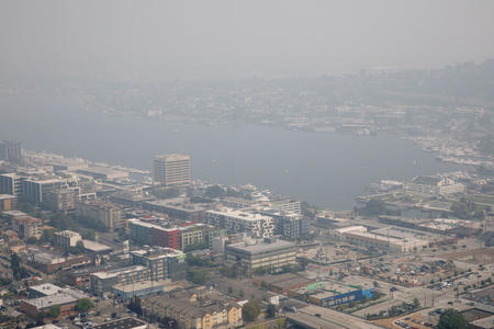 A birds eye view of Lake Union from the Space Needle