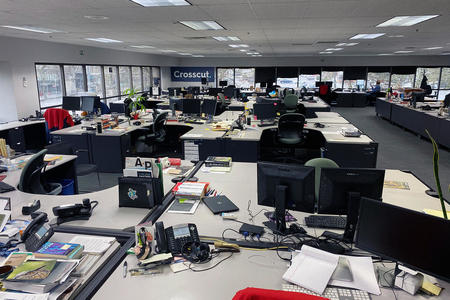 Crosscut's empty newsroom during the pandemic