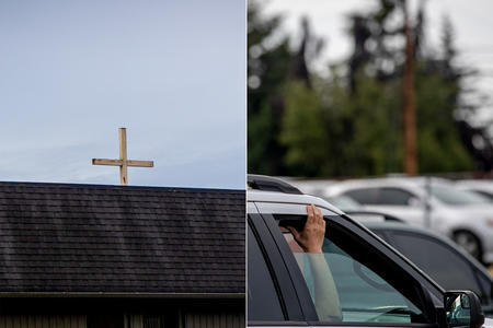Side-by-side photos of a cross on a church roof and a hand out a car window during a drive-in church service