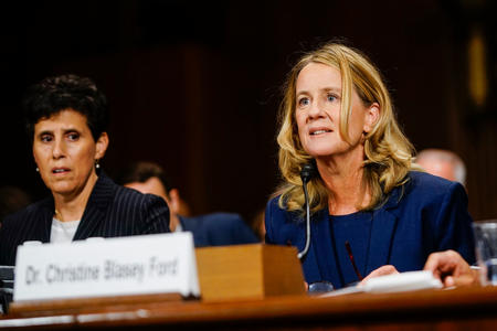 Christine Blasey Ford, with lawyer Debra S. Katz, left, answers questions at a Senate Judiciary Committee hearing on Thursday, September 27, 2018 on Capitol Hill. (Melina Mara/Pool/The Washington Post)