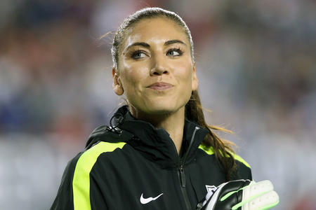 USA Goalkeeper Hope Solo before the SheBelieves Cup between the USA vs England at Raymond James Stadium in Tampa, Florida, March 3, 2016. (Cliff Welch/Icon Sportswire via AP Images)